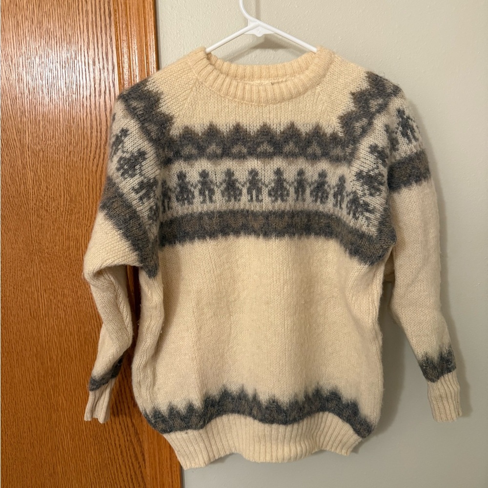 Vintage Alafoss Icewool Nordic Sweater size L Womens Cream Brown People Chain